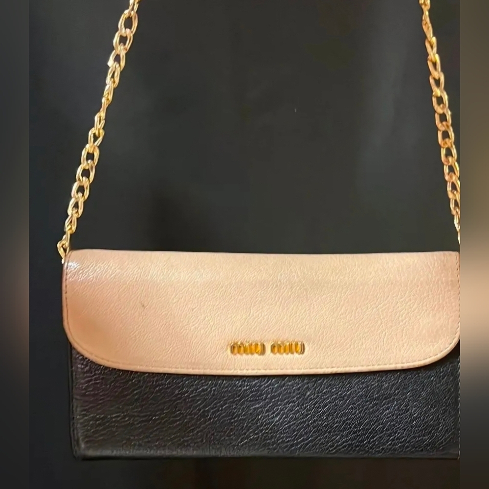 MIU MIU Leather Black and Mauve Long Wallet with Gold Chain